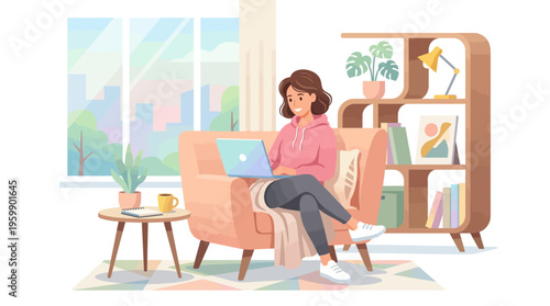 Young woman working on laptop in cozy living room.