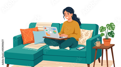 Young woman working on laptop on sofa at home.