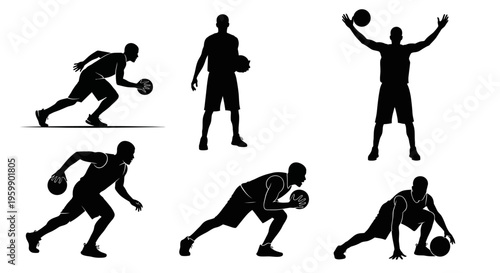 Basketball Player Silhouettes: Dynamic Poses of Dribbling, Shooting, and Defense