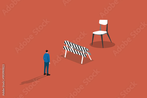 Businessman walking toward a giant white chair behind a road barrier, representing career ambition, promotion, leadership, and professional growth