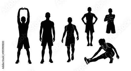 Diverse Male Silhouettes Performing Various Exercises and Stretches