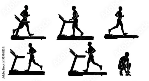Treadmill Running Silhouettes: Man Exercising in Gym, Workout Collection