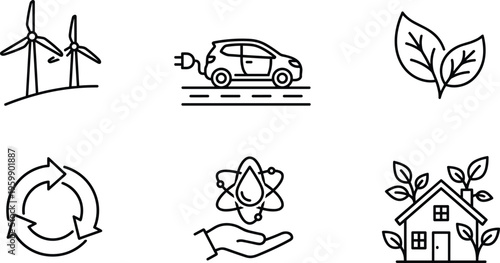 Eco energy line icon set, renewable sustainability symbols, green technology elements, environmental conservation concepts, modern outline vector illustration collection pack