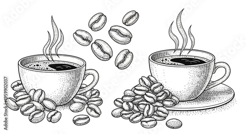 Hand drawn coffee cups and beans sketch illustration.