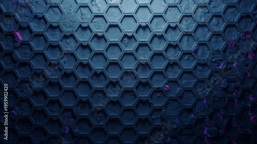 Dark futuristic hexagon wall texture with damage details, sci fi technology background