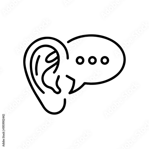 A human ear merging with a speech bubble containing small dots representing emotions