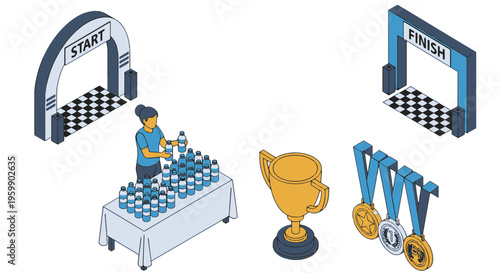 Race Event Setup with Start and Finish Gates Water Station a Shiny Trophy and Medals