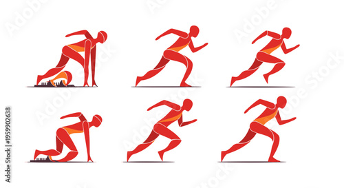 Runner in Various Stages of a Sprint from Starting Blocks to Full Acceleration Illustration