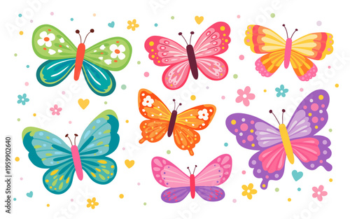 Butterflies set illustration colorful butterfly collection with flowers and hearts cute insect characters isolated on white background spring summer vector