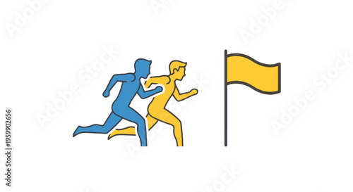 Race of Two Runners Striving for Goal Achievement Symbolized by a Yellow Finish Line Flag