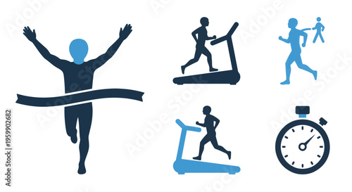 Running and Fitness Icons Set Sports Activity Training Treadmill Stopwatch Finish Line Marathon
