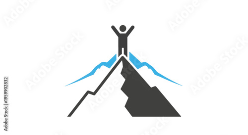 Success Person with Raised Arms Standing on Mountain Peak with Blue Abstract Landscape