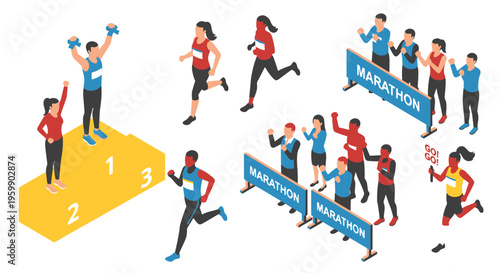 Marathon Runners and Spectators Cheering at the Finish Line with Winners on the Podium