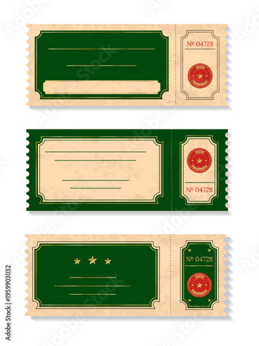 Green vintage  ticket templates set  isolated on transparent background. Retro  coupons.Decorative elements for cinema, party, event, festival.Realistic templates in green and beige colours. Vector  
