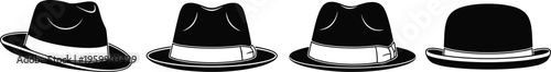 Fedora and Bowler Hat Silhouette Vector Illustration Featuring Classic Men’s Fashion Styles Black Hats with White Bands Icon for Costume Design and Vintage Projects