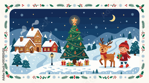 Festive Christmas Scene with Tree and Reindeer