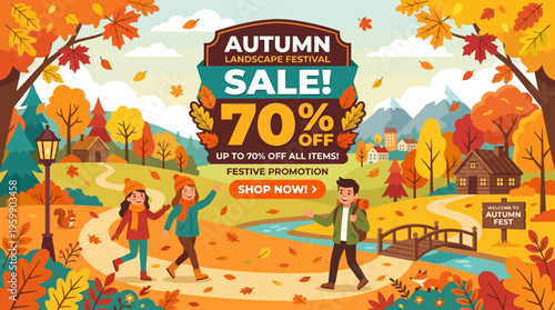 Autumn Landscape Festival Sale Banner with People