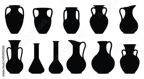 Collection of various ancient pottery shapes in a dark silhouette