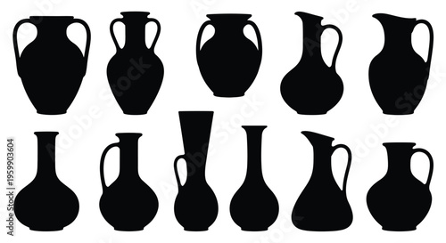Collection of various antique pottery and ceramic vessels dark silhouette