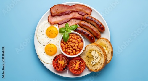 Full english breakfast with sausages bacon eggs beans and toast on white plate