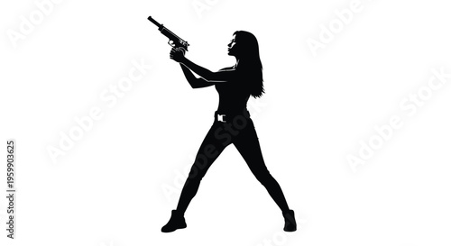 Woman holding a handgun in a dynamic pose stark black silhouette