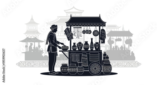 Traditional indonesian street vendor selling crafts under a canopy silhouette