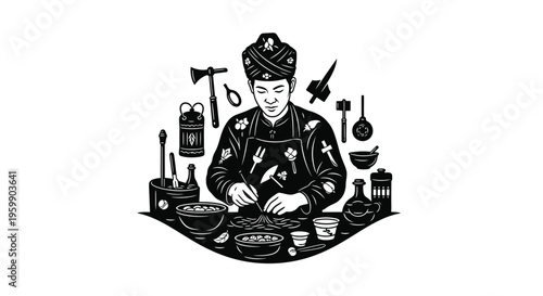 Indonesian blacksmith working with tools and metal detailed black silhouette