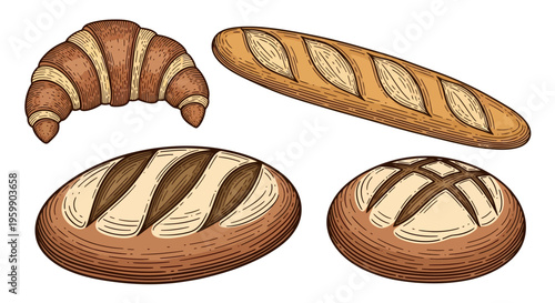 Assortment of freshly baked bread and pastries, including a croissant, baguette, and two loaves of artisan bread.
