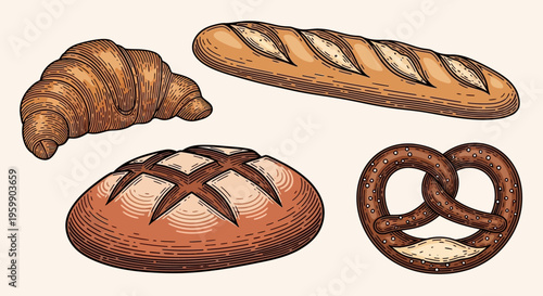 Assortment of freshly baked bread and pastries, including a croissant, baguette, round loaf, and pretzel.