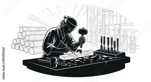 Woodworker crafting wood blocks with tools a striking black silhouette