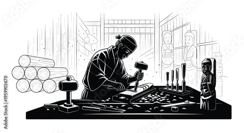 Japanese woodworker crafting with tools observed by figures a striking silhouette