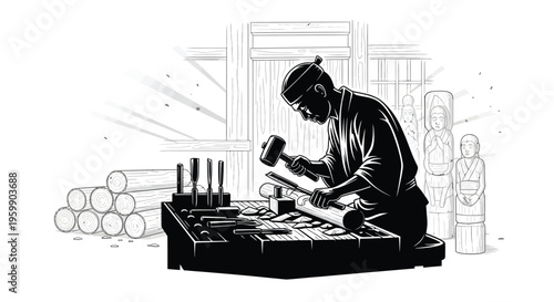 A craftsman meticulously carves wood in his workshop a striking silhouette