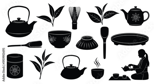 Japanese tea ceremony objects and a woman in silhouette high quality