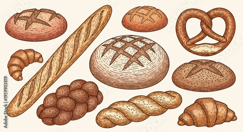 Assortment of freshly baked bread and pastries, including baguettes, croissants, and loaves.