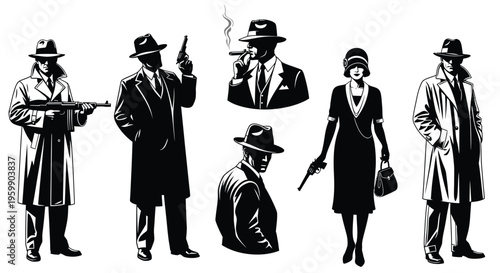 Gangsters and molls in a vintage style depicted as a striking silhouette