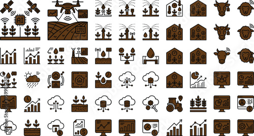 Agritech smart farming icon set with crop analytics drones irrigation sensors greenhouse monitoring and livestock technology