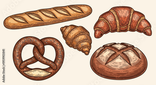 Assortment of freshly baked bread and pastries, including baguettes, croissants, and pretzels, showcasing a variety of delicious baked goods.