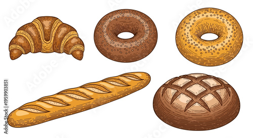 Assortment of freshly baked bread and pastries including croissant, donuts, bagel, baguette, and round loaf.
