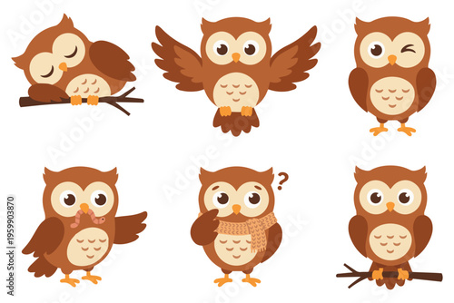 Owl cartoon character set, cute forest bird in different emotions and poses. Funny woodland animal sleeping, flying, confused and sitting. Vector flat illustration.