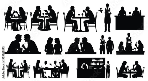 Restaurant scenes with people dining and staff serving a dark silhouette