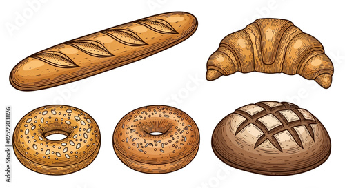 Assortment of freshly baked bread, including baguette, croissant, bagels, and a round loaf.