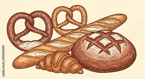 Assortment of freshly baked bread and pastries including pretzels baguettes and croissants.