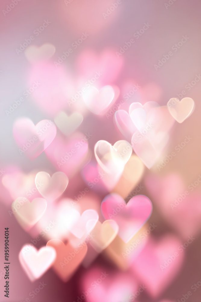 Fototapeta premium Romantic love theme for Valentines Day. A vibrant and romantic scene of heartshaped bokeh lights on a pink and white background, creating a dreamy and ethereal atmosphere.
