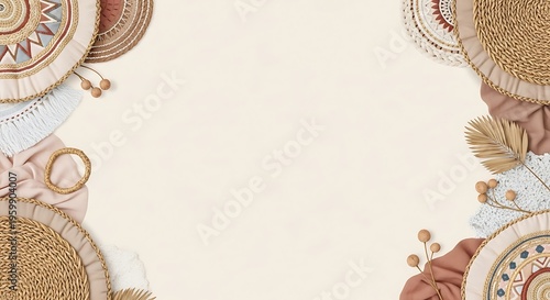 Vibrant woven baskets and fabric adorn a decorative border on a soft background.