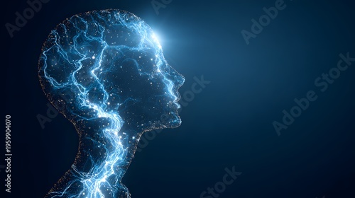 A glowing blue silhouette of a human head with electric sparks