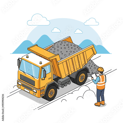 Construction worker inspecting a dump truck filled with gravel.