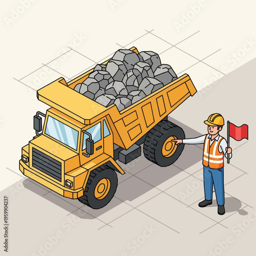 Construction Worker Directing a Dump Truck Filled with Rocks.