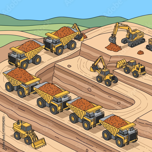 Heavy Construction Equipment Working at a Large Open-Pit Mine Site.