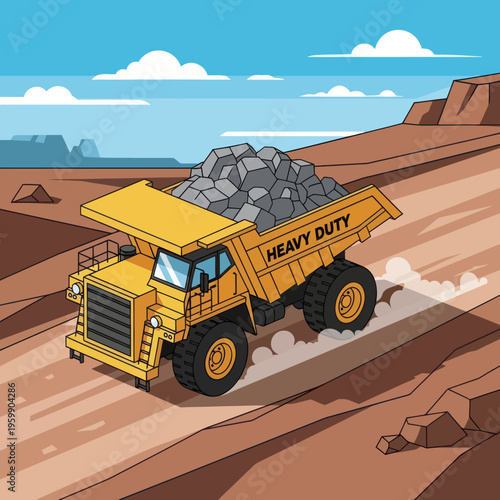Heavy Duty Mining Dump Truck Hauling Rocks.