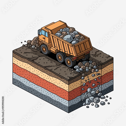 Dump Truck Discharging Rocks into a Deep Excavation Site.